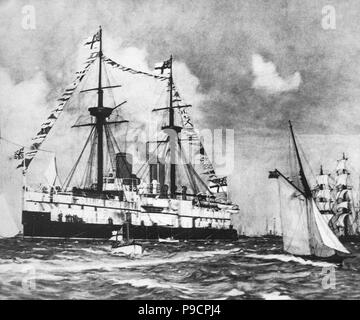 "Die Starre bei Spithead', von Charles Dixon verankert. HMS unflexibel war eine Viktorianische gepanzerte Schlachtschiff ihre Rüstung tragen in zentral platzierten Türmchen. Das Schiff wurde in den 1870er Jahren für die Royal Navy gebaut Die wahrgenommene wachsende Bedrohung aus dem Italienischen Regia Marina im Mittelmeer zu widersetzen. 1903 verschrottet. Stockfoto