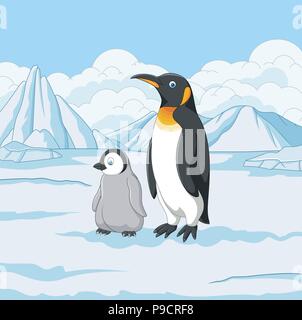 Cartoon Mutter und Baby Pinguin auf schneebedeckten Feld Stock Vektor