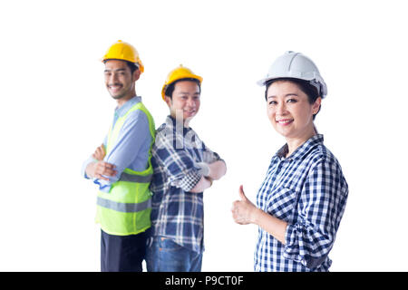 Erfolg Gruppe von Ingenieur Team zu isolieren, Hintergrund, weiße, im Konzept der Engineering Teamarbeit und Sicherheit. Sie Lächeln von dem guten Ergebnis Stockfoto