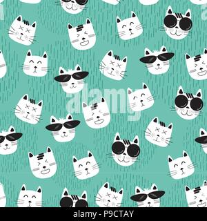 Lustige Katzen Gesichter in Sonnenbrille Muster nahtlose auf Mint Grüner Hintergrund Stock Vektor