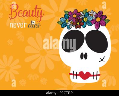 funny skulls lady in flower wreathe crown with red lips on yellow background, beauty never die concept Stock Vektor
