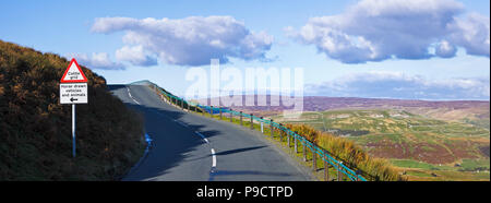 Erhöhte Landstrasse ein Warnzeichen für ein Vieh grid voran in den Yorkshire Dales National Park, England, Großbritannien Stockfoto