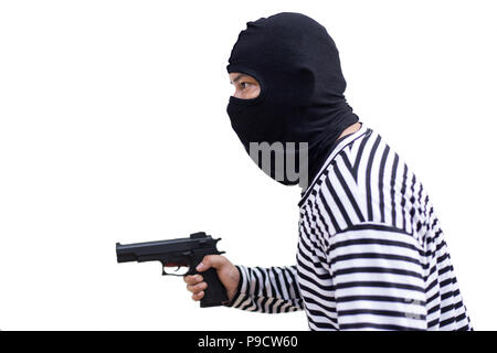 Dieb oder Mord halten Pistole Pistole und Blick auf das Ziel für die Geld auf weißem Hintergrund in ein Konzept des Lebens, Dieb, Geld zu isolieren, Safe Stockfoto