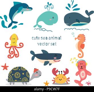 Satz von Tier unter Sea Life, Seesterne, Schildkröte, Kraken, Seepferdchen, Krabben, Delphin, Wal, Dichtung, Shark, Flachbild cartoon Vektor Stock Vektor