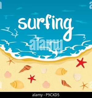 Beschriftung, Sommer Sommer und Surfen. Meer, Strand, Urlaub. Stock Vektor