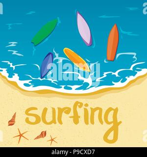 Beschriftung, Sommer Sommer und Surfen. Meer, Strand, Urlaub. Stock Vektor