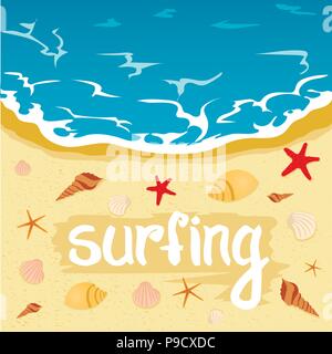 Beschriftung, Sommer Sommer und Surfen. Meer, Strand, Urlaub. Stock Vektor
