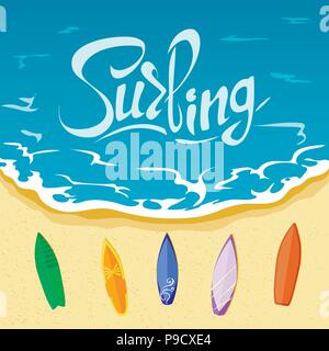 Beschriftung, Sommer Sommer und Surfen. Meer, Strand, Urlaub. Stock Vektor