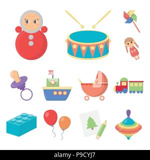 Kinder Spielzeug cartoon Symbole im Set Sammlung für Design. Spiel und christbaumkugel Vektor Symbol lieferbar Abbildung. Stock Vektor