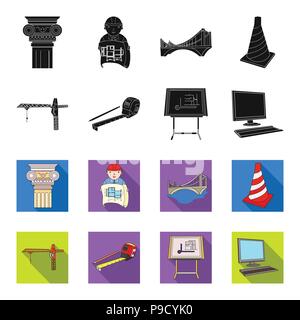 Baukran, Maßband messen, Zeichenbrett, Computer. Architektur Sammlung Icons in Schwarz, flet Stil vektor Symbol lieferbar illustr Stock Vektor