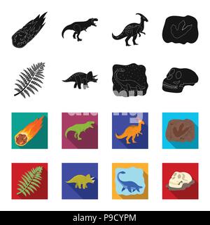 Meer Dinosaurier, Triceratops, prähistorische Pflanze, menschlicher Schädel. Dinosaurier und prähistorischen Periode set Sammlung Icons in Schwarz, flet Stil vektor Symbol lieferbar Stock Vektor