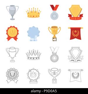 Eine olympische Medaille für den ersten Platz, eine Kristallkugel, eine goldene Schale auf einem Ständer, einem roten Anhänger. Auszeichnungen und Trophäen set Sammlung Icons im Cartoon, Überblick Stock Vektor
