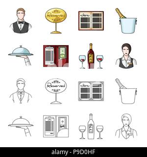 Ein Fach mit einem Tuch, Scheck und Bargeld, eine Flasche Wein und Gläser, eine Kellnerin mit ein Abzeichen. Restaurant Sammlung Icons im Cartoon, outline Style v Stock Vektor