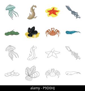 Elektrische Rampe, Muscheln, Krabben, Pottwal. Meer Tiere Sammlung Icons im Cartoon, Outline style Vektor Symbol lieferbar Abbildung. Stock Vektor