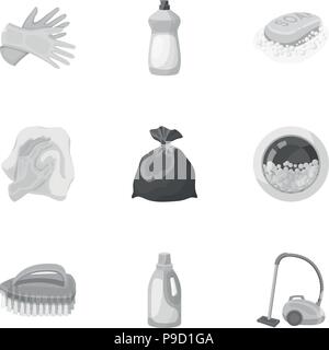 Putzen, Waschen und alles, was damit zusammenhängt. Eine Reihe von Symbolen für die Reinigung. Reinigung und maid Symbol im Set Sammlung auf Schwarzweiß-Stil Vektor s Stock Vektor