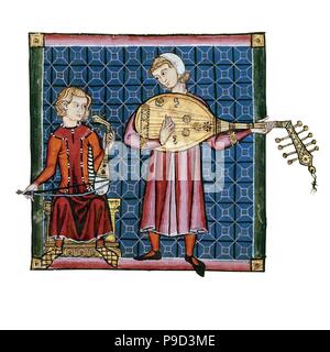 Zwei Spielleute. Abbildung aus dem Kodex der Cantigas de Santa Maria. Museum: Monasterio de El Escorial. Stockfoto