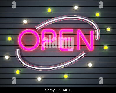 Lila Neon-beleuchteter Öffnen Namensschild. 3D-Darstellung. Stockfoto