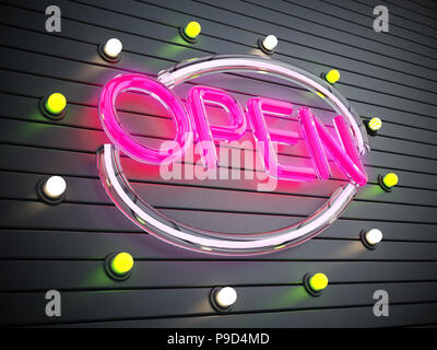 Lila Neon-beleuchteter Öffnen Namensschild. 3D-Darstellung. Stockfoto