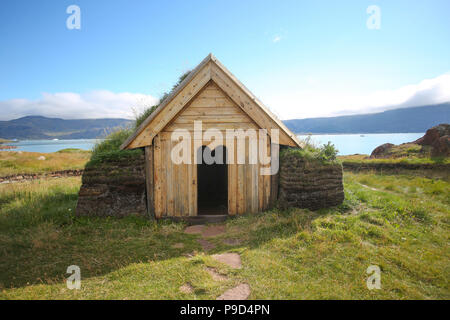 Die Außenseite des replica Viking Kirche, Brattahlid, Grönland Stockfoto