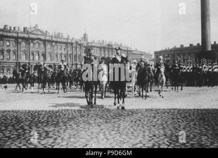 Kaiser Franz Joseph I. von Österreich zu einem Staatsbesuch nach St. Petersburg. Links Kaiser Nikolaus II. Museum: Staatliche Russische Film und Foto Archiv, Krasnogorsk. Stockfoto