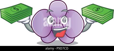 Mit Geld beutel orchid flower Maskottchen Karikatur Stock Vektor