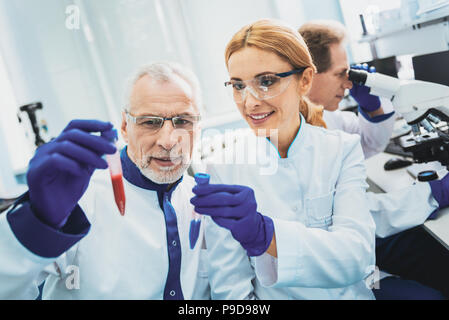 Freundliche weibliche Person arbeiten mit ihrem Kollegen Stockfoto