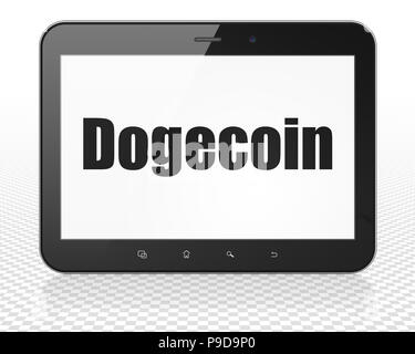 Blockchain Konzept: Tablet Pc mit schwarzem Text Dogecoin auf Anzeige, 3D-Rendering Stockfoto