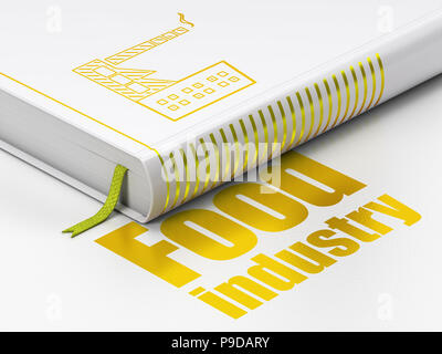 Manufacuring Konzept: geschlossenes Buch mit Gold Industrie Gebäude Symbol und Text Lebensmittelindustrie auf dem Boden, weißer Hintergrund, 3D-Rendering Stockfoto