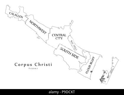 Moderne Stadtplan - Corpus Christi Texas Stadt der USA mit Nachbarschaften und Titel Übersichtskarte Stock Vektor