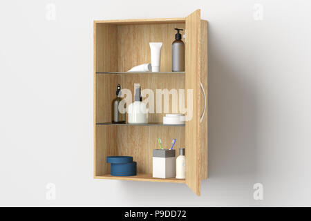 Holz- Badezimmer Schrank mit Kosmetik- und Pflegeprodukte auf weiße Wand mit Freistellungspfad isoliert Öffnen. 3D-Darstellung Stockfoto