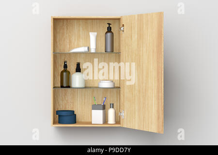 Holz- Badezimmer Schrank mit Kosmetik- und Pflegeprodukte auf weiße Wand mit Freistellungspfad isoliert Öffnen. 3D-Darstellung Stockfoto
