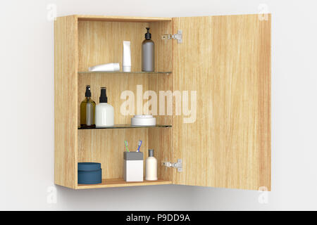 Holz- Badezimmer Schrank mit Kosmetik- und Pflegeprodukte auf weiße Wand mit Freistellungspfad isoliert Öffnen. 3D-Darstellung Stockfoto