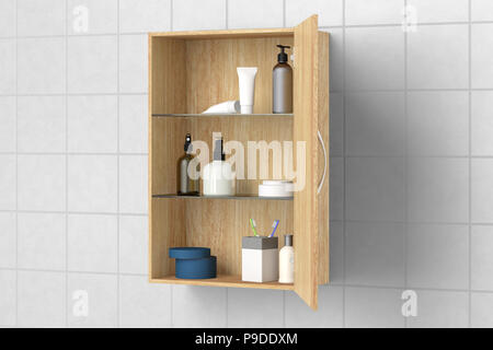 Holz- Badezimmer Schrank mit Kosmetik- und Pflegeprodukte auf weißen Fliesen Wand mit Freistellungspfad isoliert Öffnen. 3D-Darstellung Stockfoto