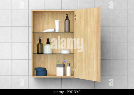Holz- Badezimmer Schrank mit Kosmetik- und Pflegeprodukte auf weißen Fliesen Wand mit Freistellungspfad isoliert Öffnen. 3D-Darstellung Stockfoto