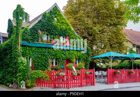 Straßburg, Restaurant La Vignette, mit Efeu bewachsene Haus, Rote Pfähle Zaun, Elsass, Frankreich, Europa, Stockfoto