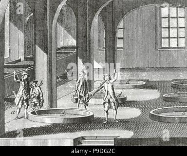 Soap factory. Mischprozess. 18. Encyclopedie von Diderot et d'Alembert. Gravur. Stockfoto