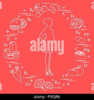 Schwangere Frau und Lebensmittel, die reich an Vitaminen nützlich für schwangere Frauen. Hagebutten, Kohl, Oliven, Fisch, Äpfel, Blumenkohl, Karotten, Milchprodukte, ora Stock Vektor