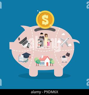 Piggy Bank Geld sparen Teil für das Leben. Vector Illustration Stock Vektor