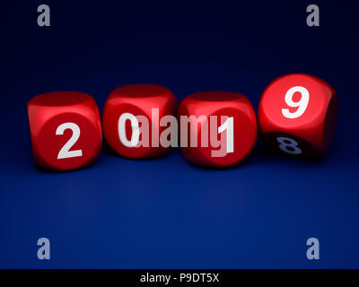 3D-Render von Würfeln mit neuen Jahr 2019 auf blauem Hintergrund Stockfoto