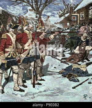 Amerikanischer Unabhängigkeitskrieg (1775-1783). Das Massaker von Boston oder Boston Riot (1770). Britischen Rotröcke tötete fünf zivile Männer. Gravur. Farbige. Stockfoto