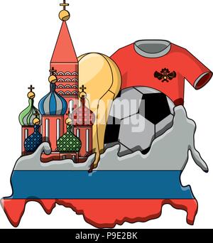 Russland Karte mit Basilius-kathedrale und Fußball-ball Symbol auf weißem Hintergrund, Vector Illustration Stock Vektor