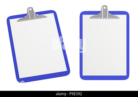 Zwei blaue Klemmbretter mit leeren weißen Papierseiten auf weißem Hintergrund Stockfoto