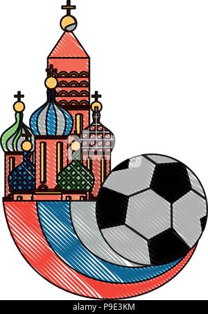 Die Basilius-kathedrale mit Fußball-Ball und Russland Flagge Symbol auf weißem Hintergrund, Vector Illustration Stock Vektor