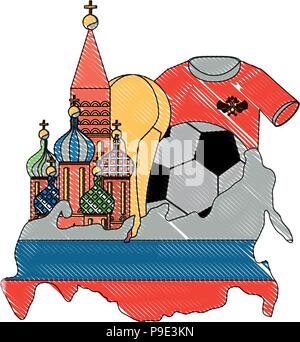 Russland Karte mit Basilius-kathedrale und Fußball-ball Symbol auf weißem Hintergrund, Vector Illustration Stock Vektor