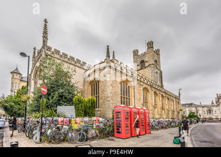 Eine Frau posiert vor der vier roten Telefonzellen außerhalb der Gebäude von großem St Mary, der Universitätskirche in Cambridge, England. Stockfoto