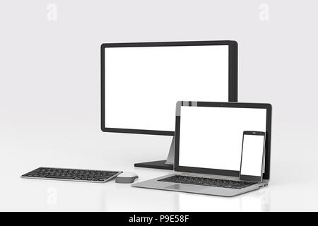 Leerer Bildschirm Desktop Monitor, Laptop und Smartphone auf weißem Hintergrund mit Freistellungspfad isoliert. 3D-Darstellung Stockfoto