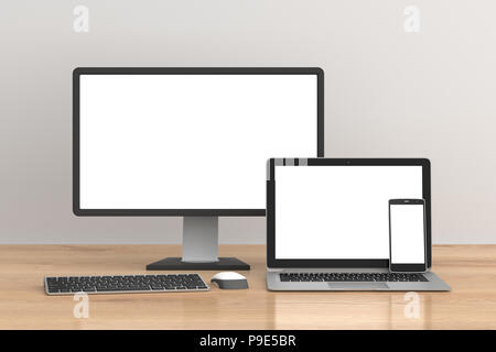 Leerer Bildschirm Desktop Monitor, Laptop und Smartphone auf hölzernen Hintergrund mit Freistellungspfad isoliert. 3D-Darstellung Stockfoto
