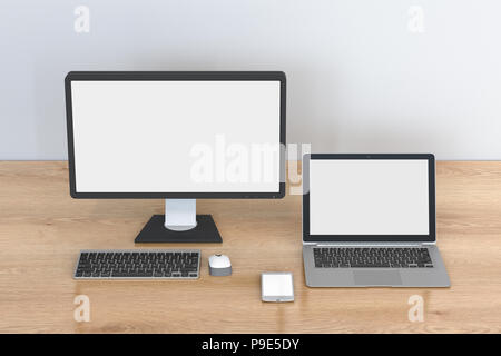 Leerer Bildschirm Desktop Monitor, Laptop und Smartphone auf hölzernen Hintergrund mit Freistellungspfad isoliert. 3D-Darstellung Stockfoto