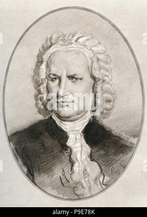 Johann Sebastian Bach, 1685 - 1750. Komponist und Musiker des Barock. Abbildung von Gordon Ross, US-amerikanischer Künstler und Illustrator (1873-1946), von lebenden Biographien der großen Komponisten. Stockfoto