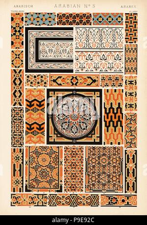 Mosaiken aus Mauern und gehwege von Häusern in Kairo. 1001 Design. In schwarzem und weißem Marmor mit roten Fliesen. Chromolithograph von Francis Bedford von Owen Jones' der Grammatik von Ornament, Quaritch, London, 1868. Stockfoto